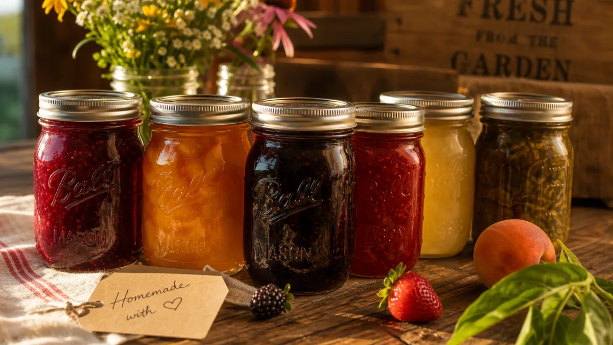 a rustic wooden table with mason jars of colorful homemade preserves, warm…
