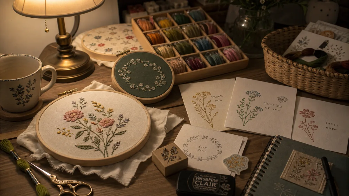 a cozy craft table with embroidery hoops, colorful thread, and hand-stamped cards…