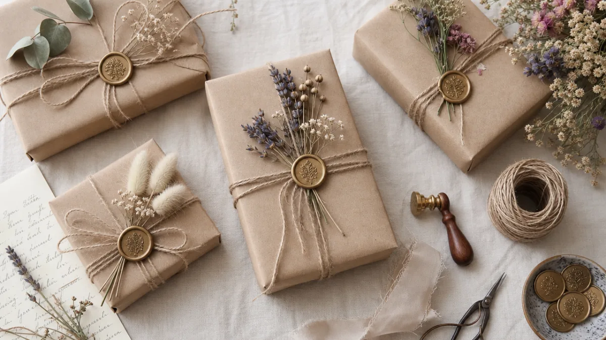 an elegant flat lay of wrapped handmade gifts with kraft paper, dried…