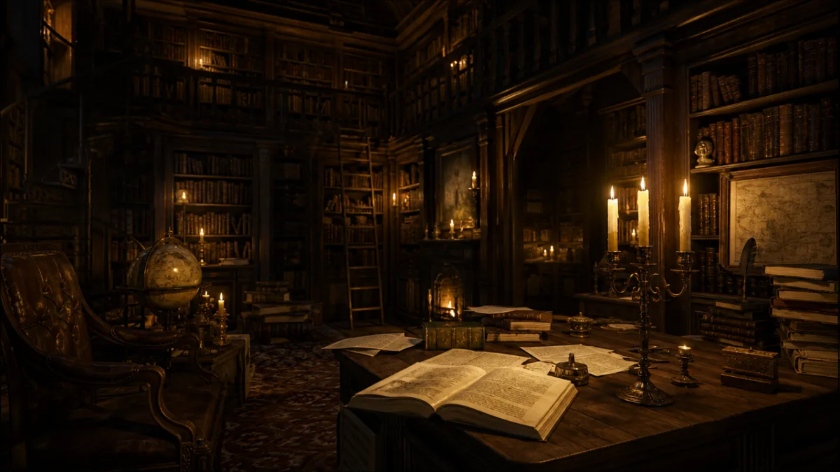 a dimly lit antique library with towering wooden bookshelves, warm candlelight casting…