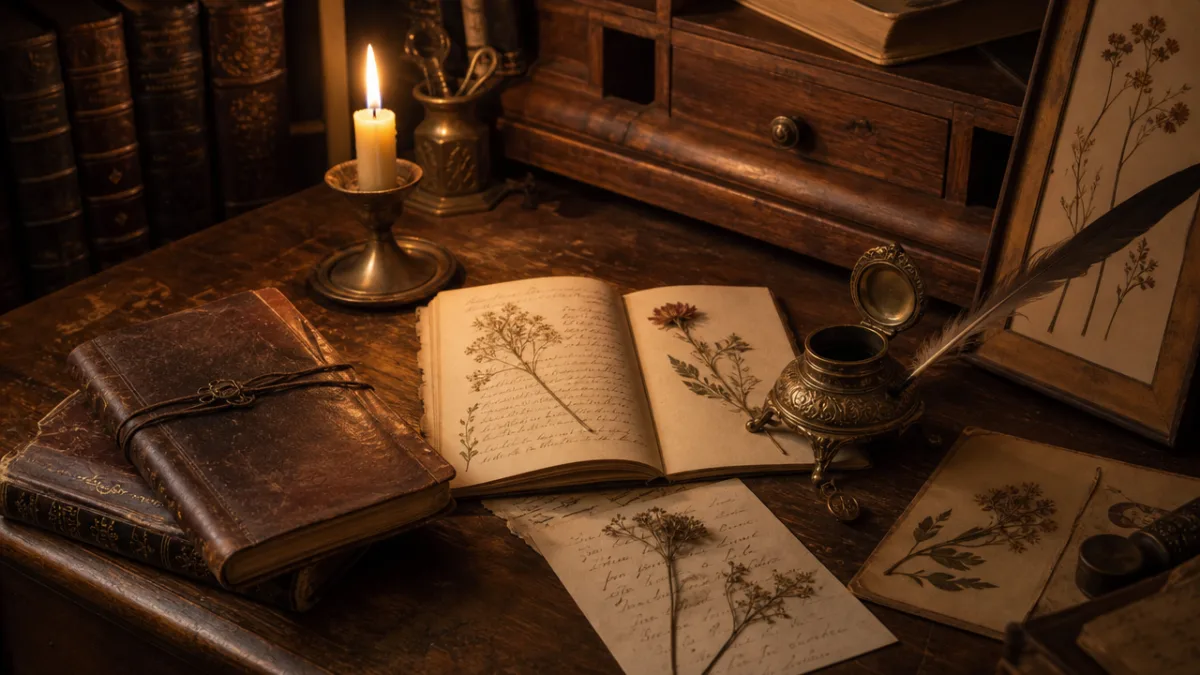 a vintage wooden desk with leather-bound journals, a brass inkwell, pressed dried…