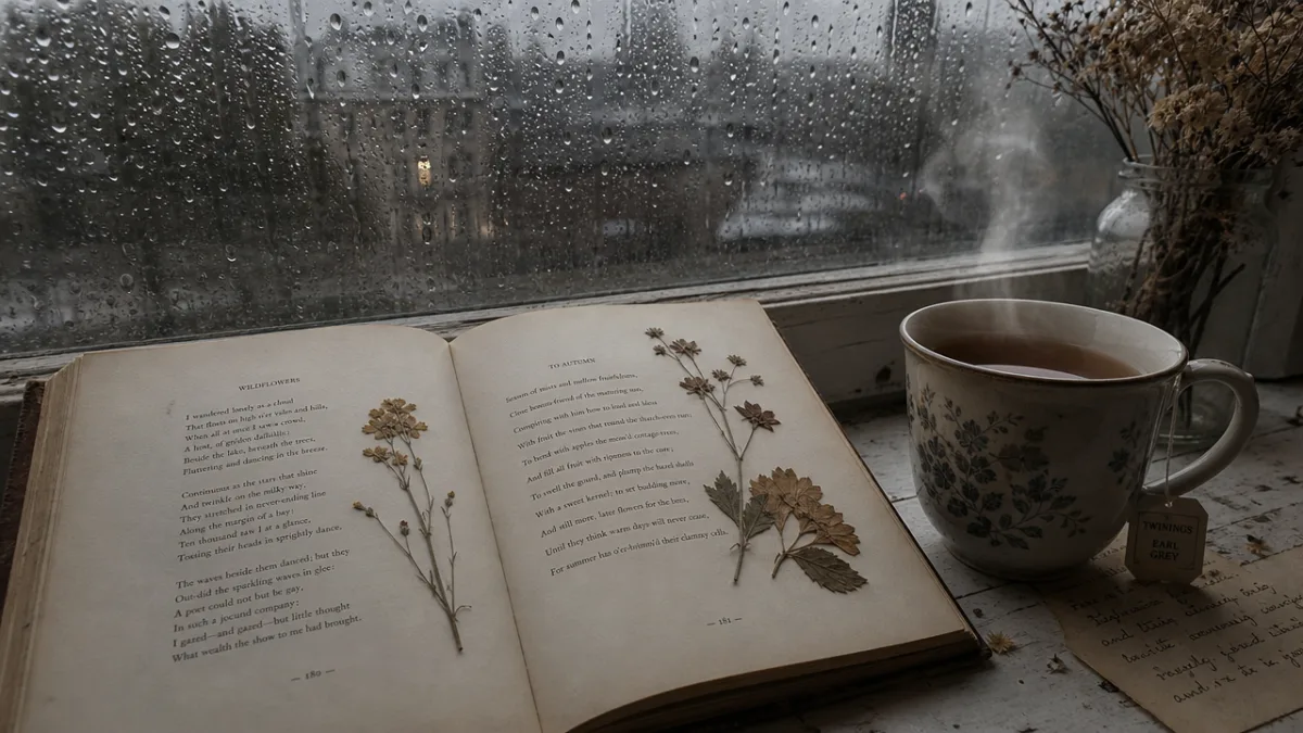 an open poetry book beside a steaming cup of tea on a…