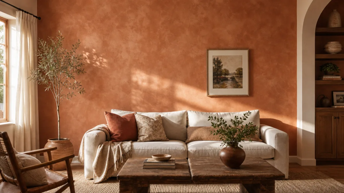 a cozy living room accent wall with warm limewash texture in terracotta…