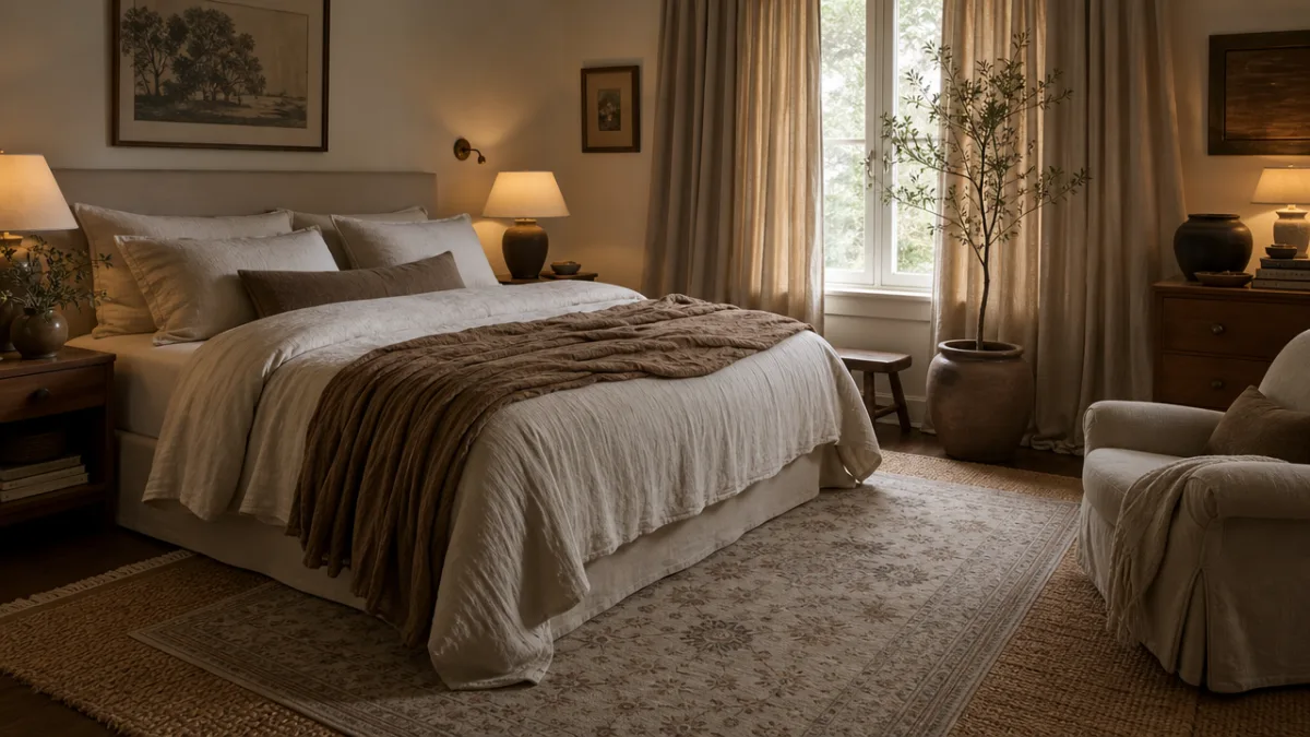 a warmly lit bedroom with layered linen textiles, draped curtains touching the…