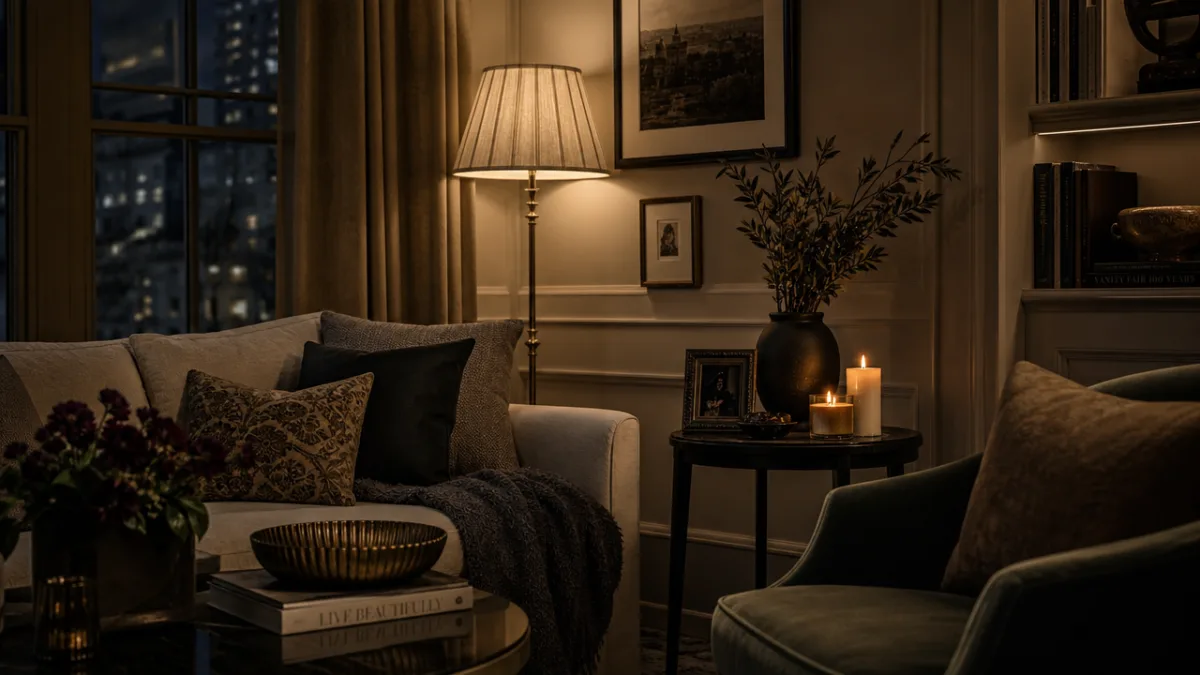 an elegantly styled living room corner with layered warm lamp light, candles…