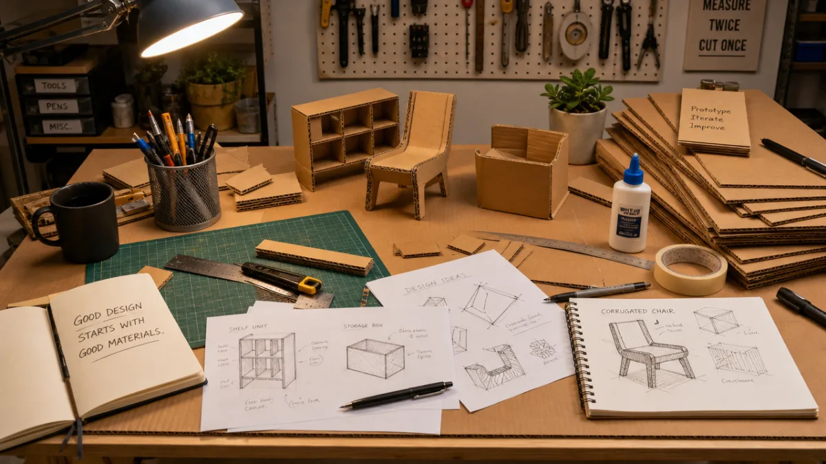 a well-lit workshop table covered in corrugated cardboard sheets, craft tools, and…