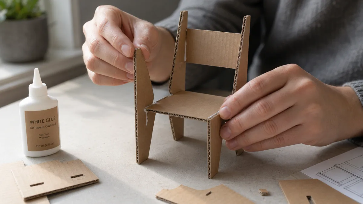 hands carefully assembling cardboard chair components with glue, focused close-up, soft natural…