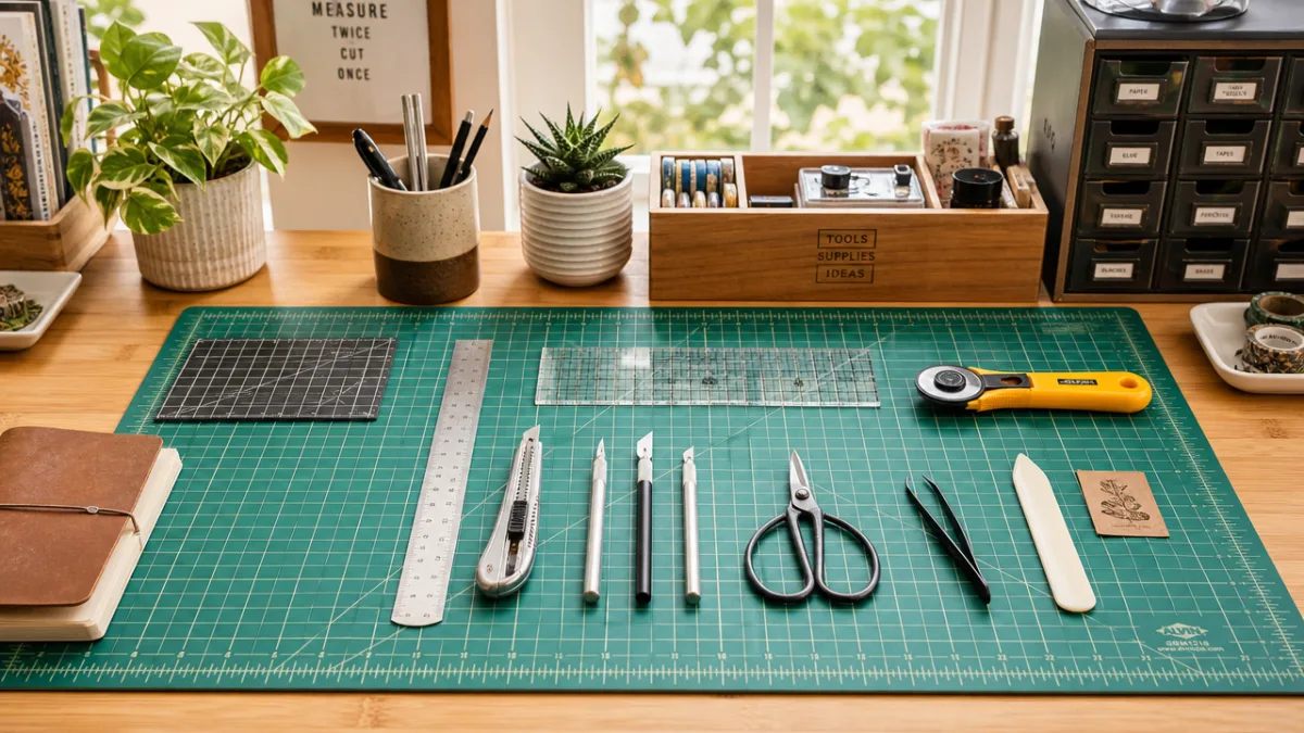 a well-lit craft workspace with precision cutting tools spread neatly on a…