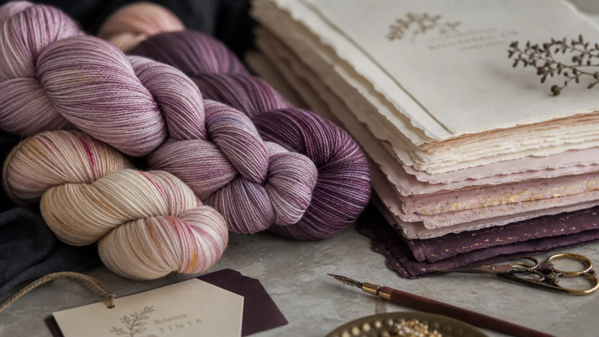 an arrangement of luxurious craft materials including skeins of hand-dyed yarn and…