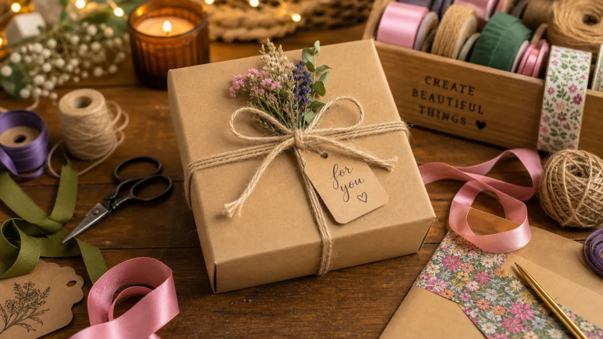 a beautifully wrapped craft gift box surrounded by colorful supplies and ribbons…