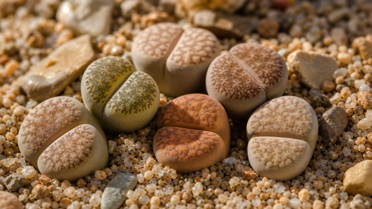 a close-up of multiple Lithops plants nestled in sandy gravel, warm natural…
