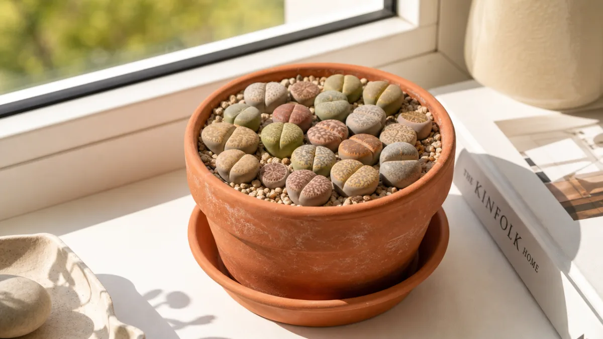 a terracotta pot filled with pebble-like Lithops plants on a sunny windowsill,…