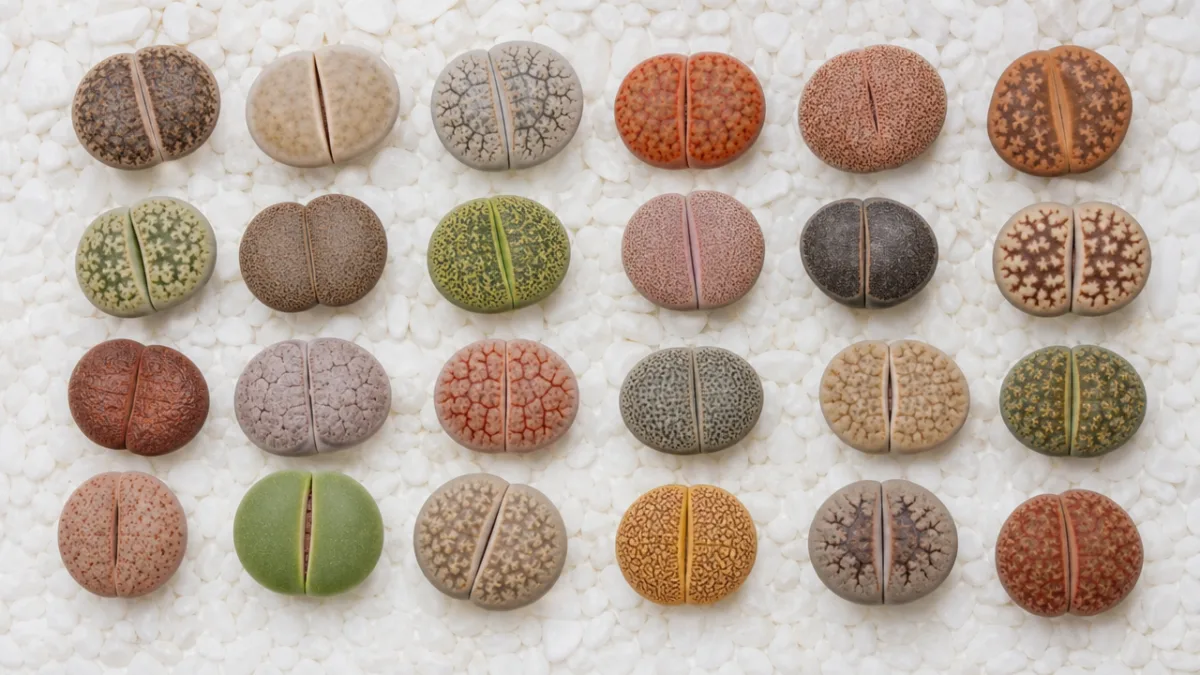 a flat lay of diverse Lithops varieties arranged on white stone surface,…