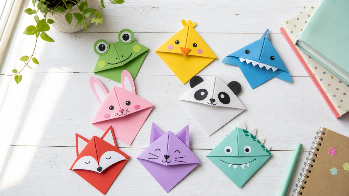 a flat lay of colorful origami corner bookmarks arranged on a white…