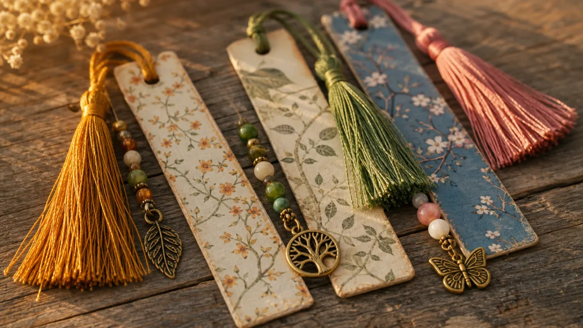 a close-up of handmade tassel bookmarks with beads and charms on a…