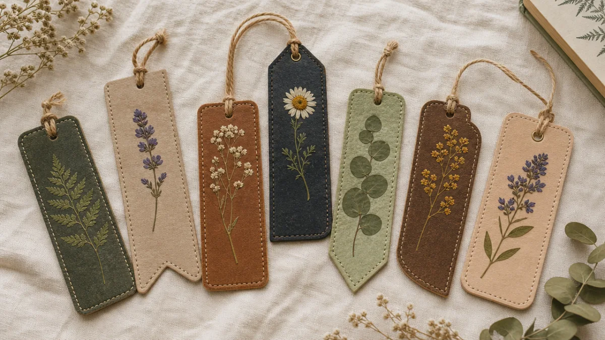 an arrangement of handmade eco-friendly bookmarks made from leather scraps and pressed…
