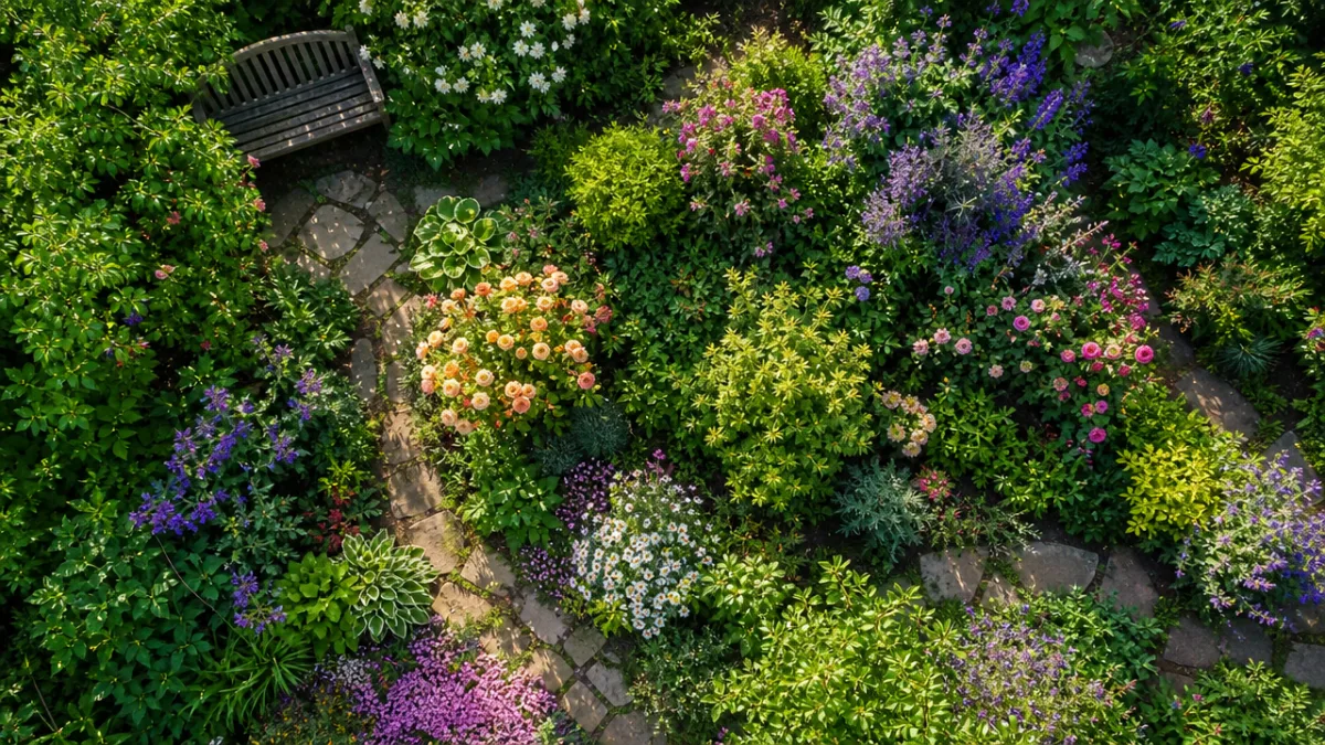 a lush cottage garden photographed from directly above, dappled morning sunlight, vibrant…