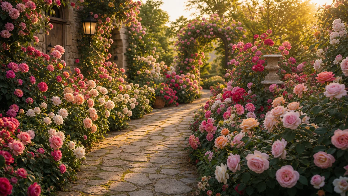 a stone garden path winding through overflowing rose beds, warm golden afternoon…