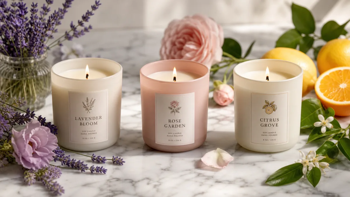 three elegant soy candles with floral and citrus arrangements on a white…