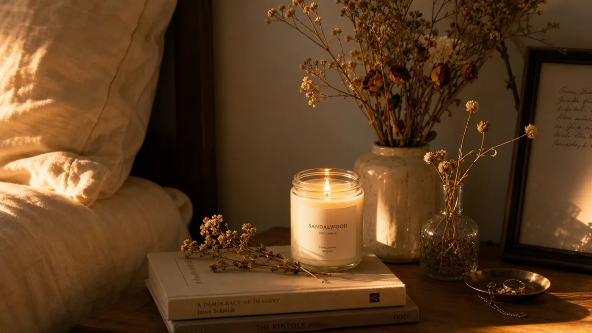 a cozy bedroom nightstand with a lit soy candle surrounded by dried…