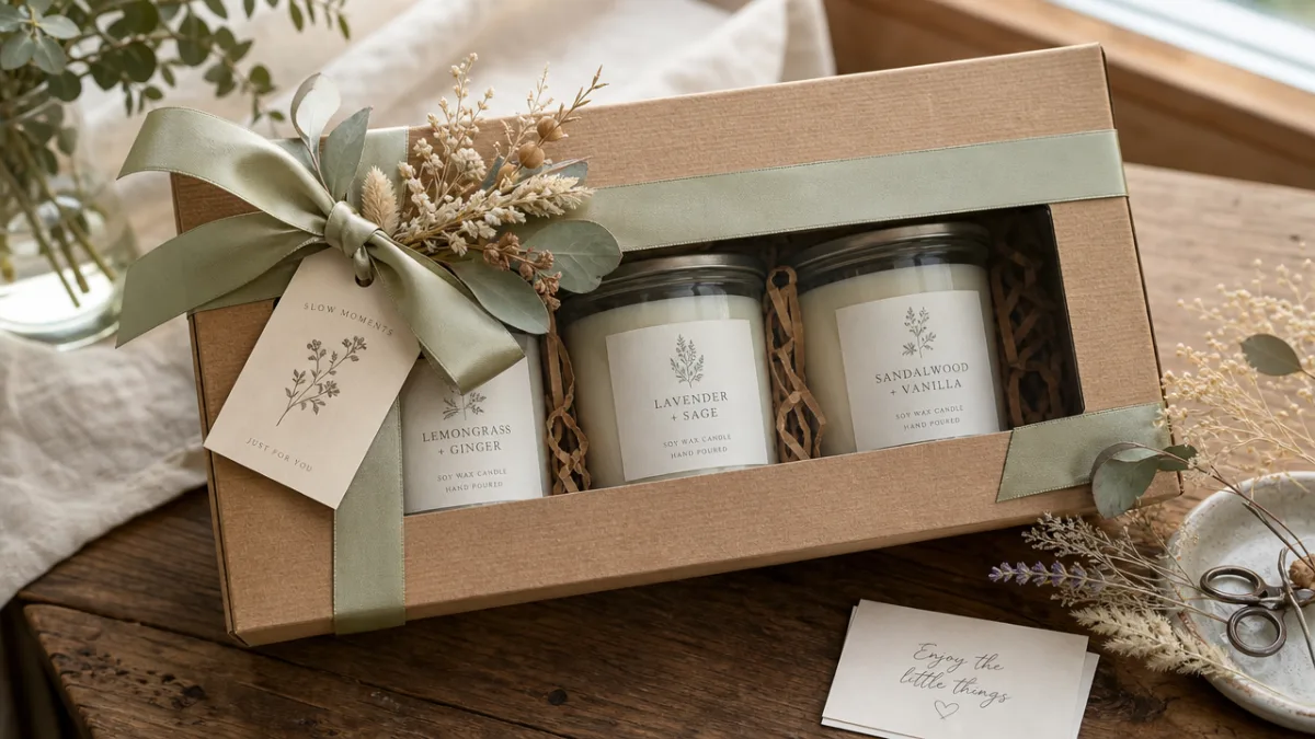 an elegantly wrapped candle gift set with ribbon and dried botanical accents…