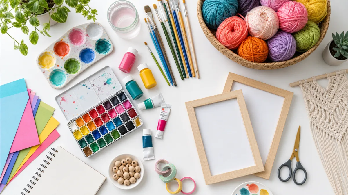 a flat lay of colorful craft supplies including paints, brushes, yarn, and…