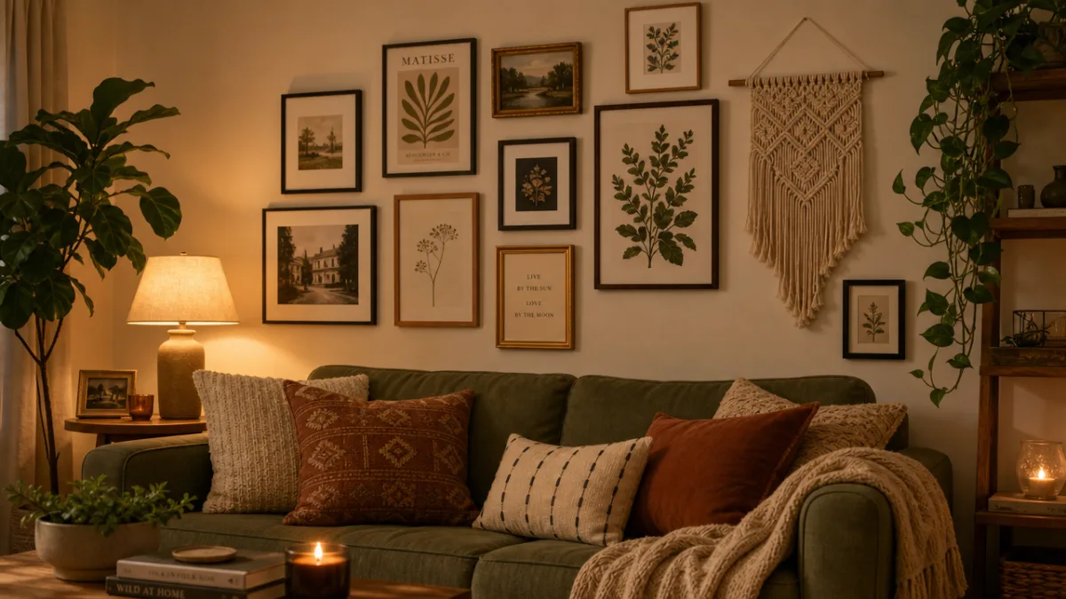 a cozy living room gallery wall with mixed frames, botanical prints, and…