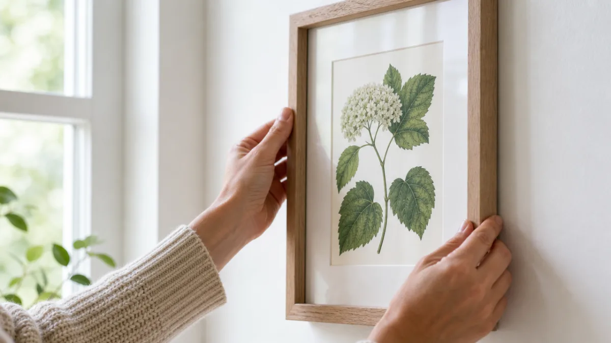 close-up of hands carefully hanging a framed botanical print on a white…