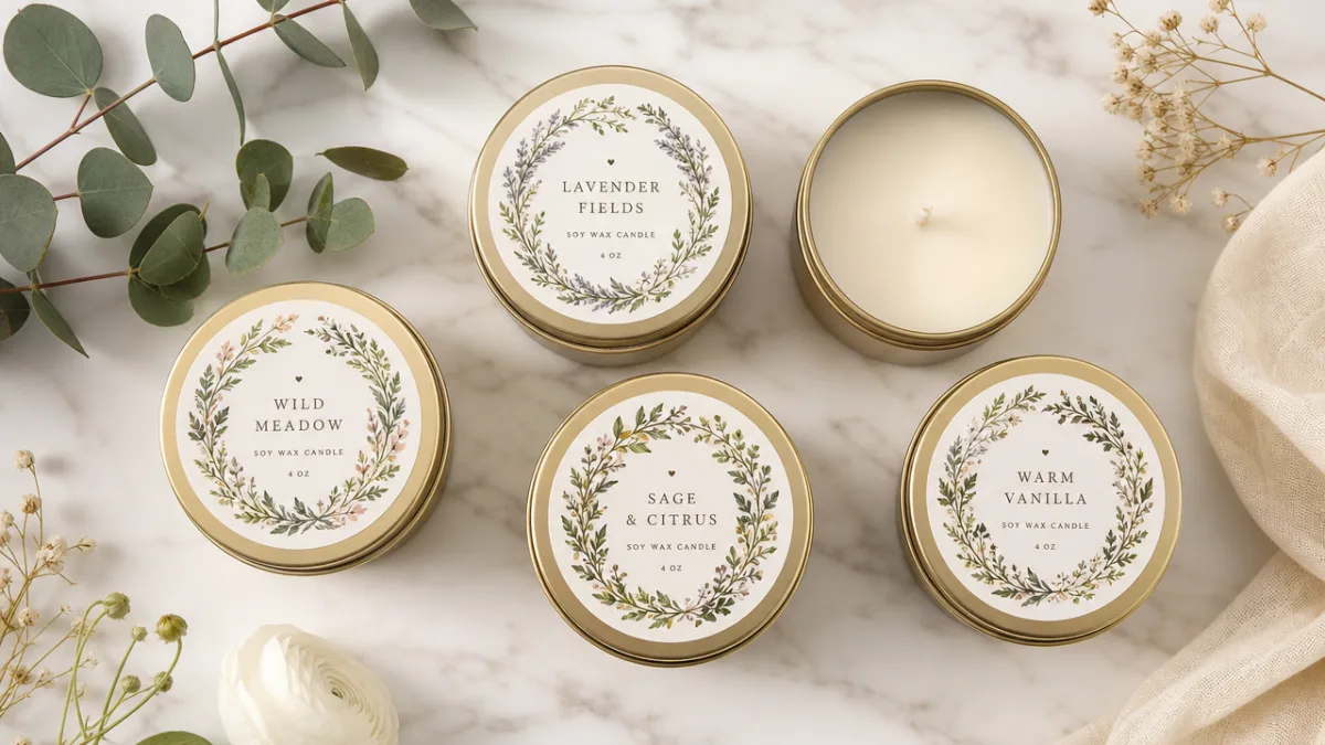 a flat lay of gold tin candles with botanical wreath labels arranged…