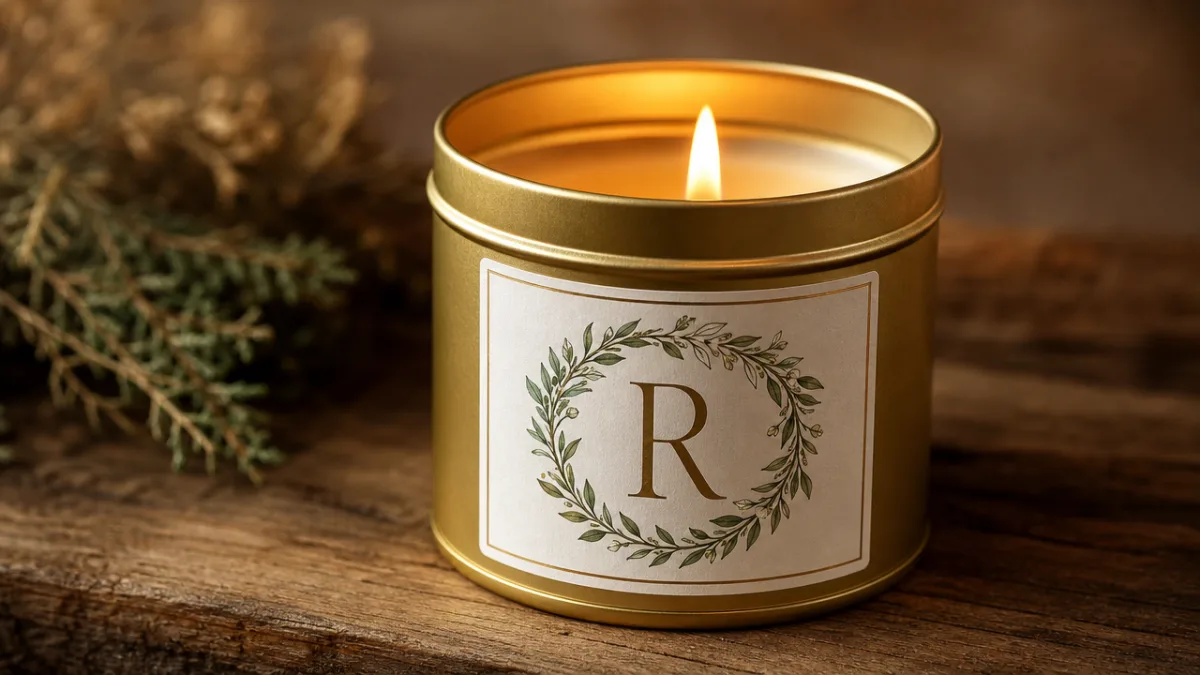 a close-up of a single gold tin candle with wreath initial label…