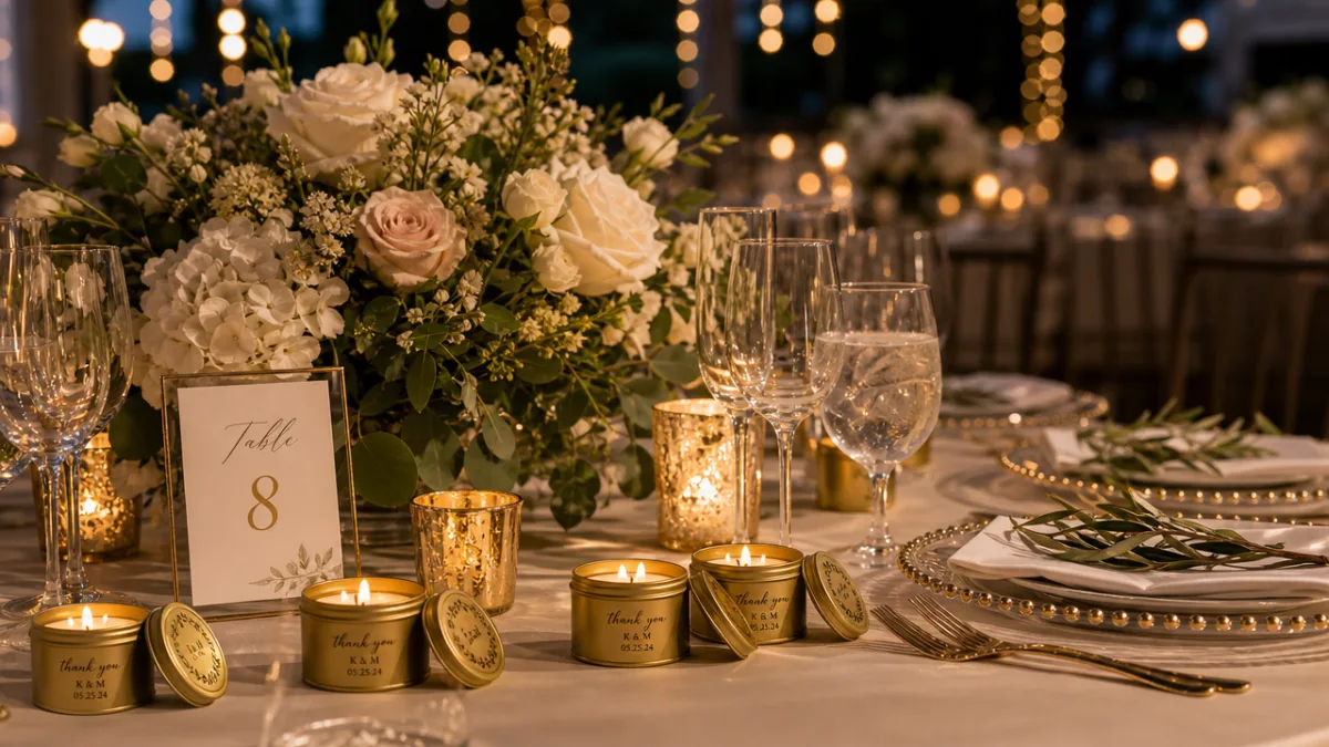 an elegant wedding reception table with gold tin candle favors among floral…