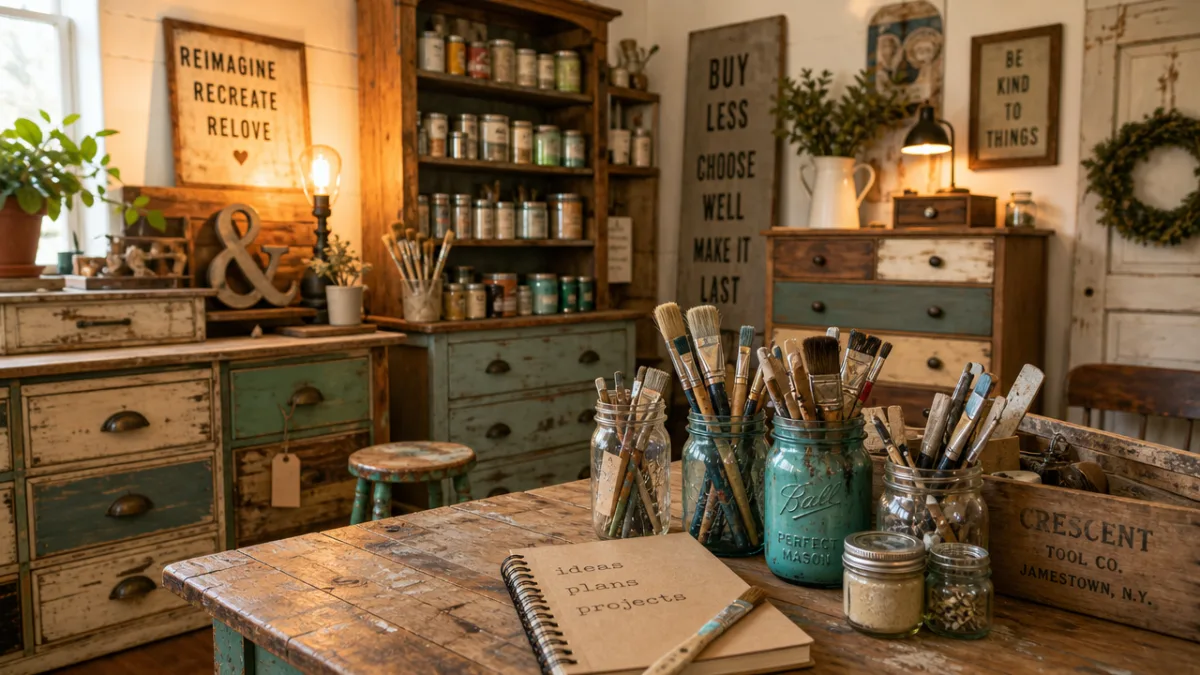 a warmly lit vintage workshop with upcycled wooden furniture, paint brushes, and…