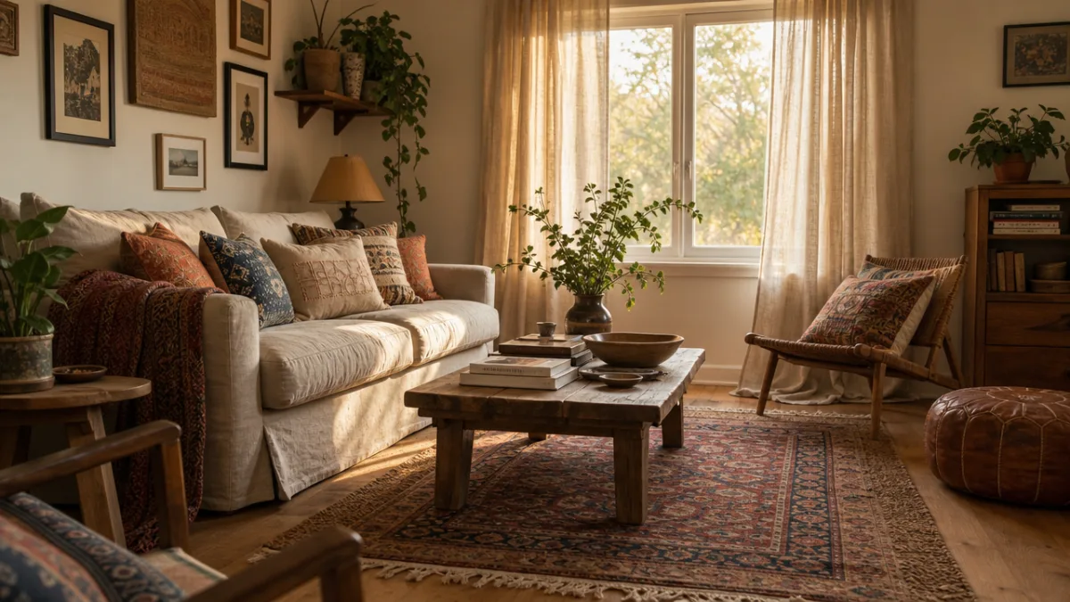 a cozy living room interior with handmade cushions, layered rugs, and linen…