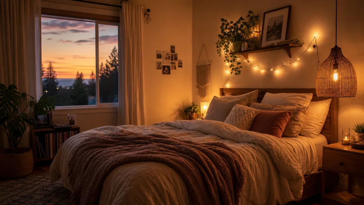 a warm cozy bedroom at dusk with string fairy lights, a glowing…
