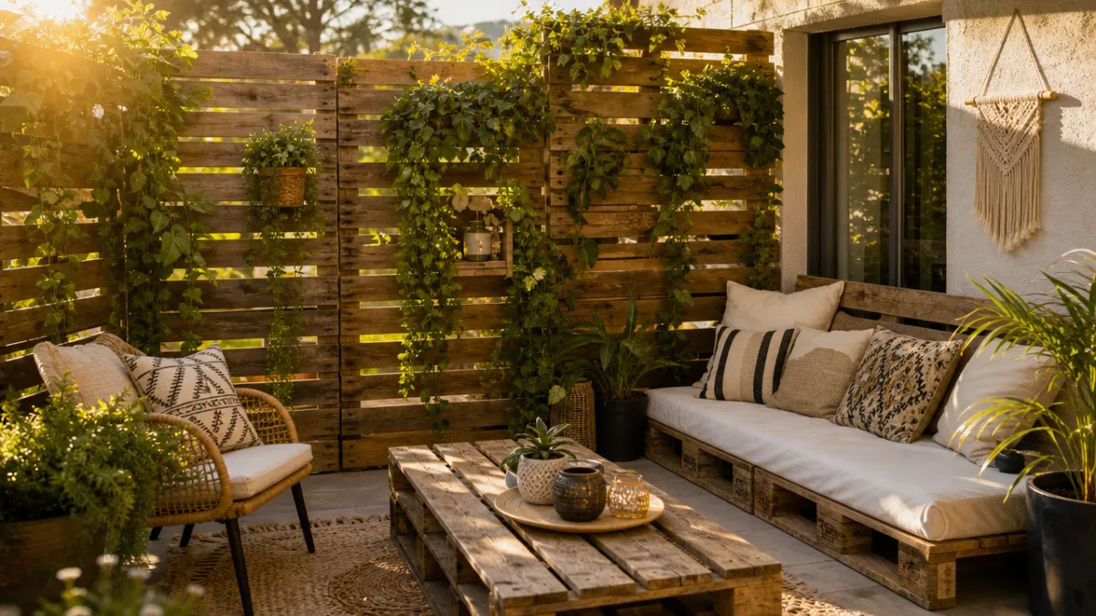 a sunlit patio with rustic pallet wood privacy screens covered in trailing…