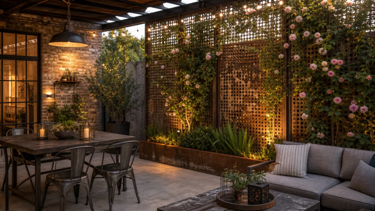 an industrial-style patio with reclaimed metal screen panels entwined with climbing roses,…