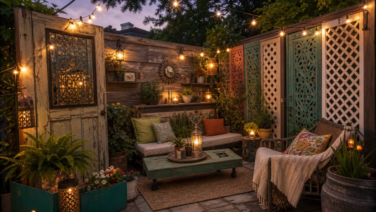 a cozy patio sanctuary with mixed upcycled privacy screens, string lights glowing…