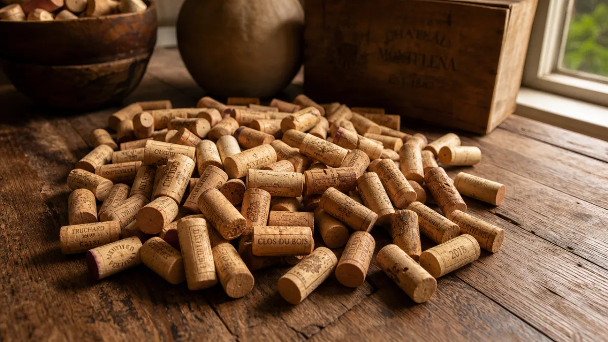 a rustic wooden table covered with clean dried wine corks in warm…