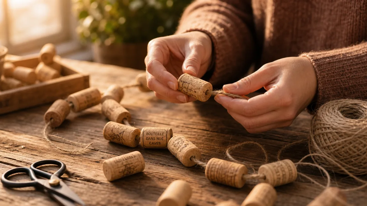hands carefully threading wine corks onto natural twine on a rustic wooden…