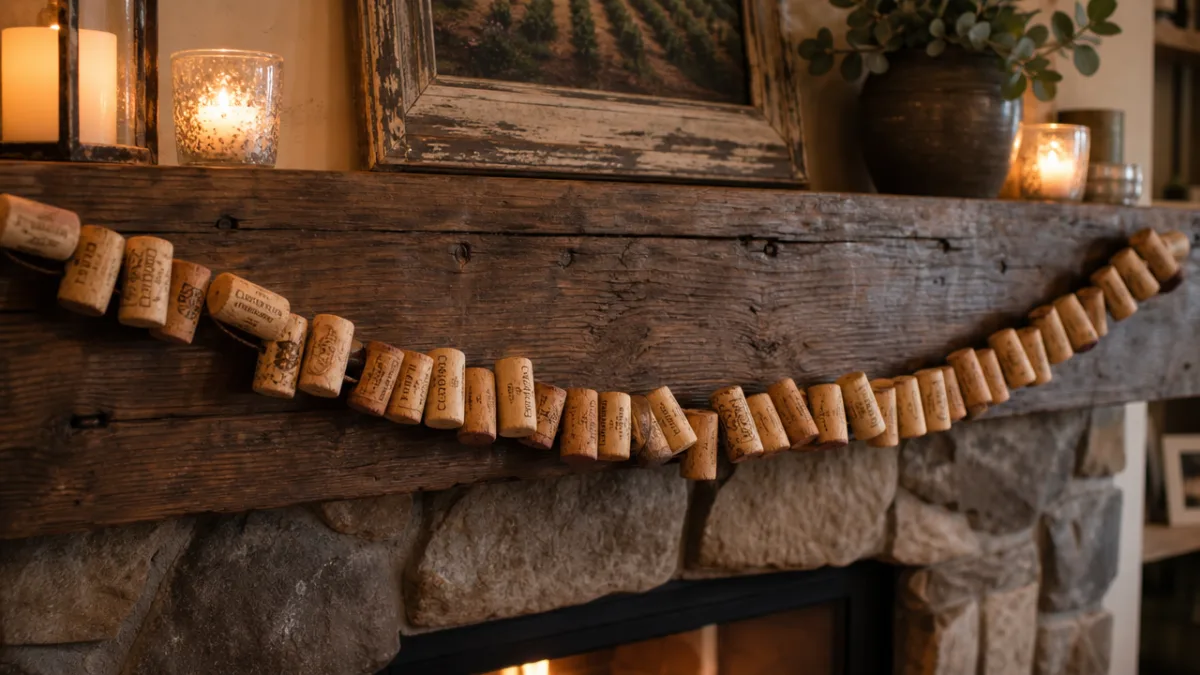 a finished wine cork garland draped elegantly across a rustic wooden mantelpiece…
