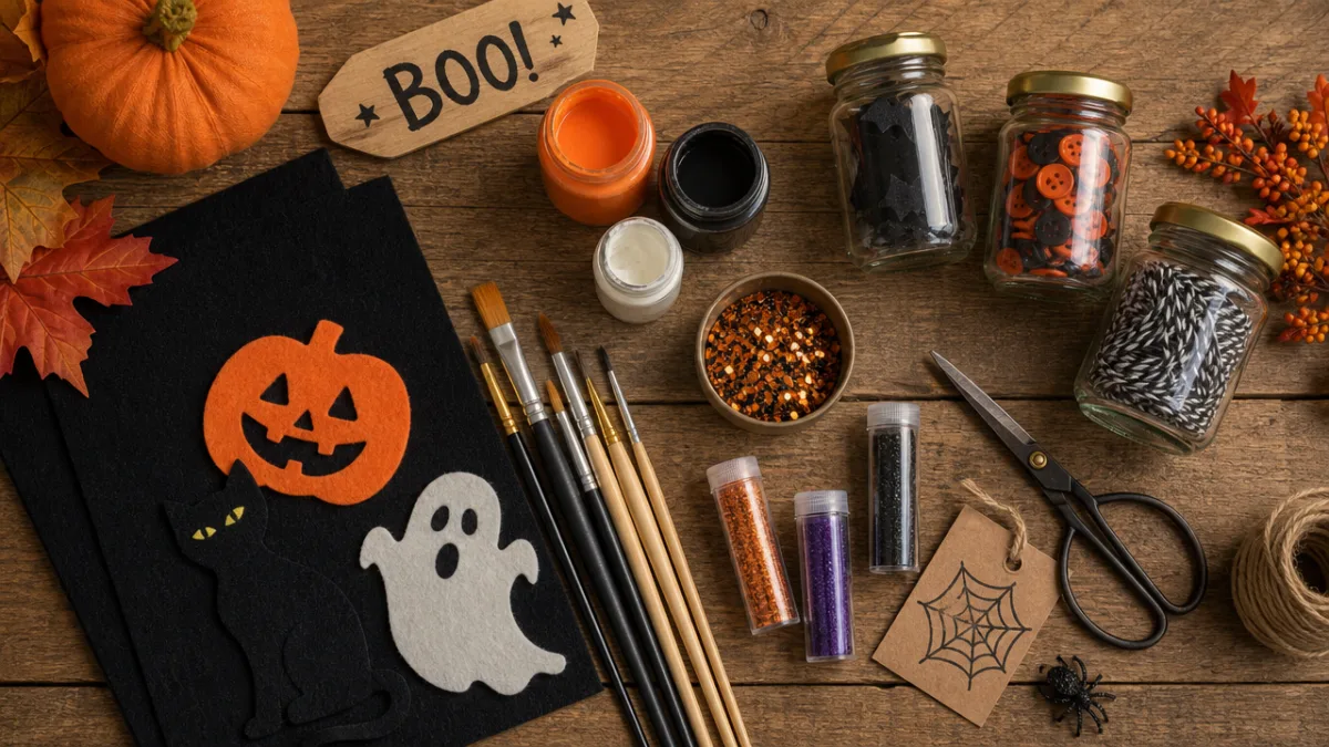 a flat lay of Halloween craft supplies including paint, jars, black felt,…