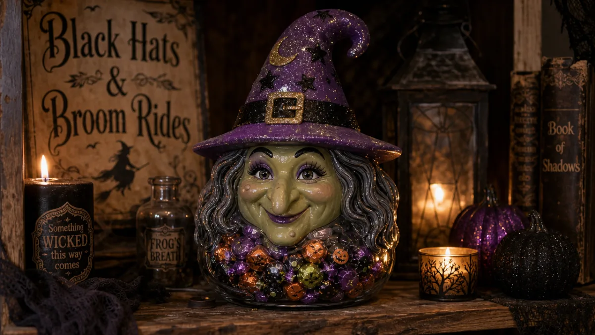 a decorated Halloween witch candy jar with purple hat and glittery details…