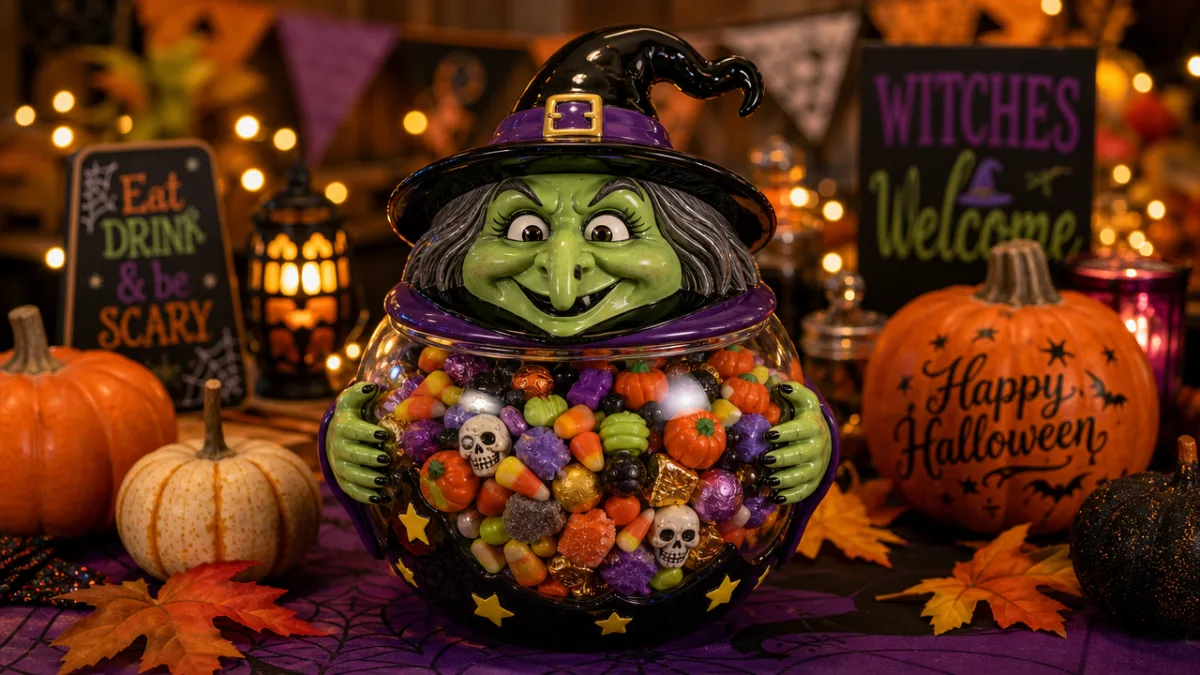 a witch candy jar filled with colorful Halloween sweets on a party…