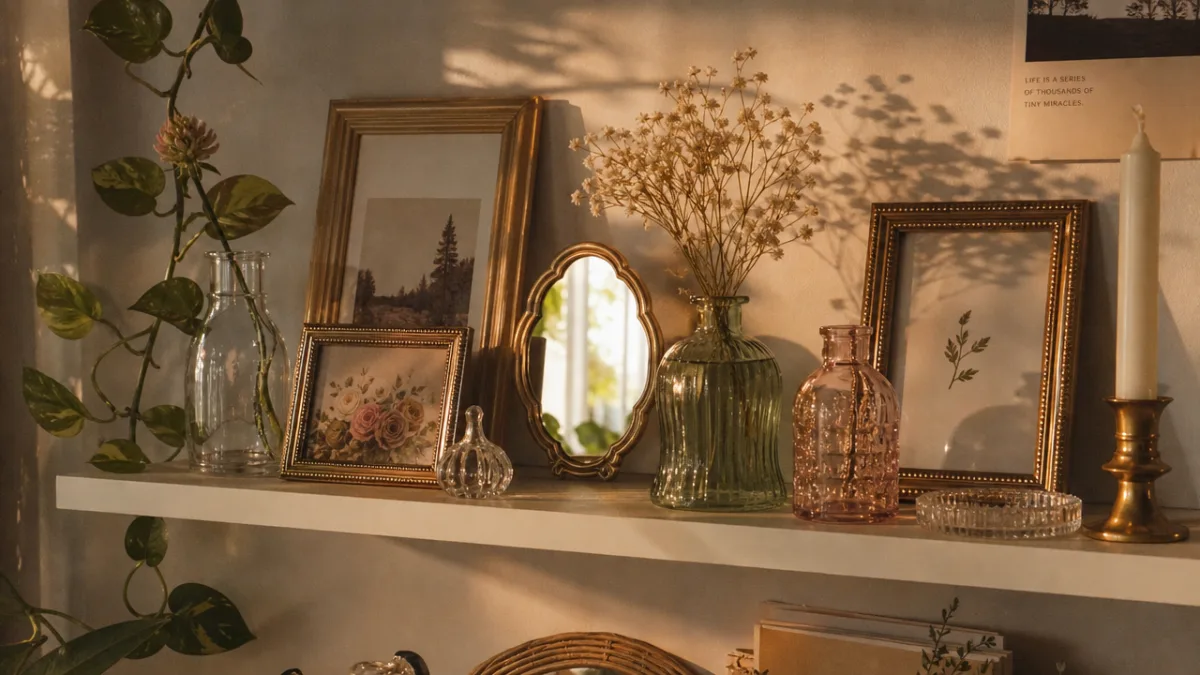 a styled shelf with small glass vases, dollar store frames and a…