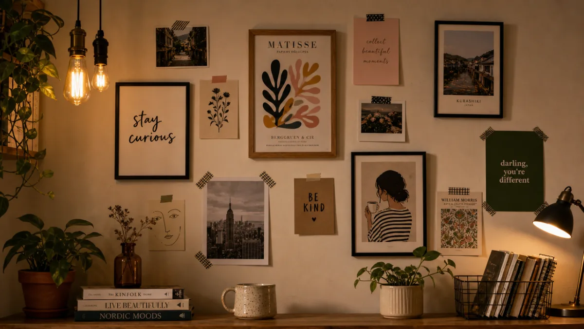 a cozy gallery wall featuring eclectic printed frames and washi tape details…