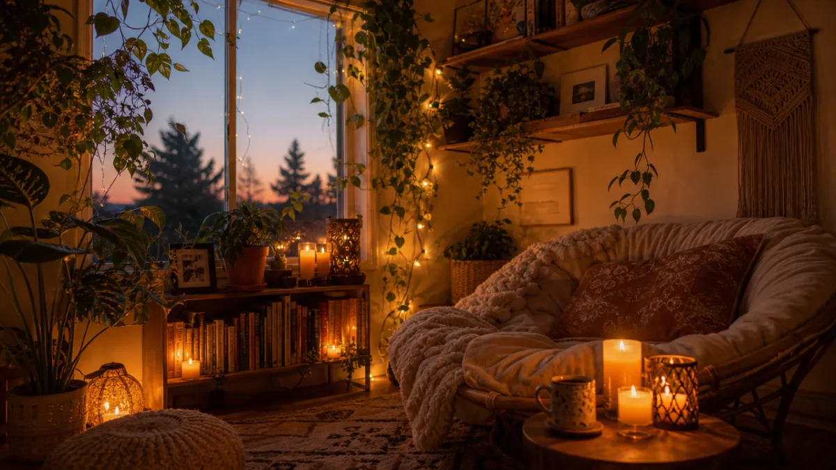 a warm inviting corner with clustered candles, trailing houseplants and soft amber…