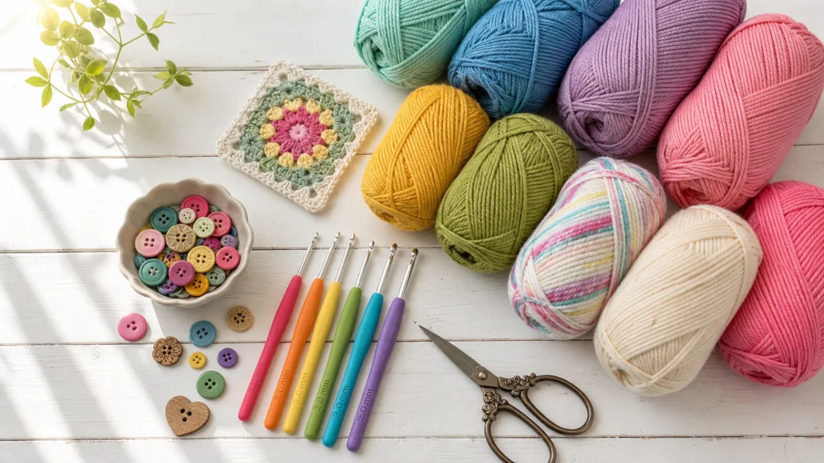 a flat lay of colorful yarn skeins, crochet hooks, scissors, and buttons…