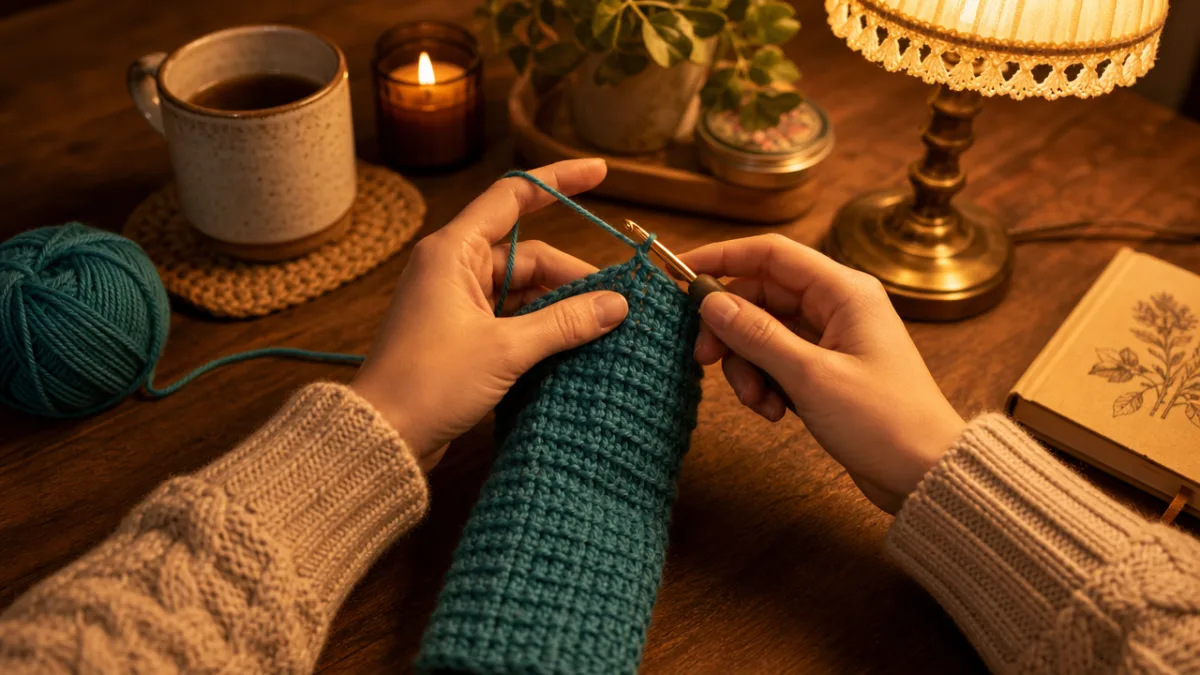 a pair of hands crocheting a teal yarn sleeve on a cozy…