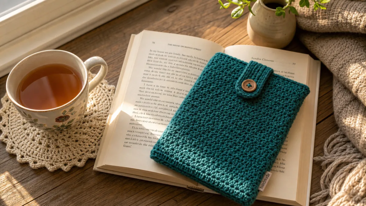 a finished teal crochet Kindle sleeve resting on an open book beside…