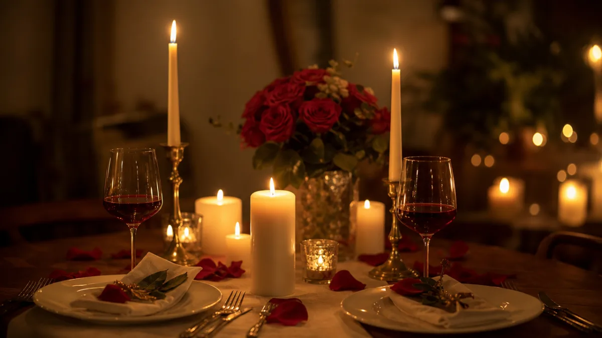 a romantic candlelit table setup with pillar and taper candles glowing warmly,…
